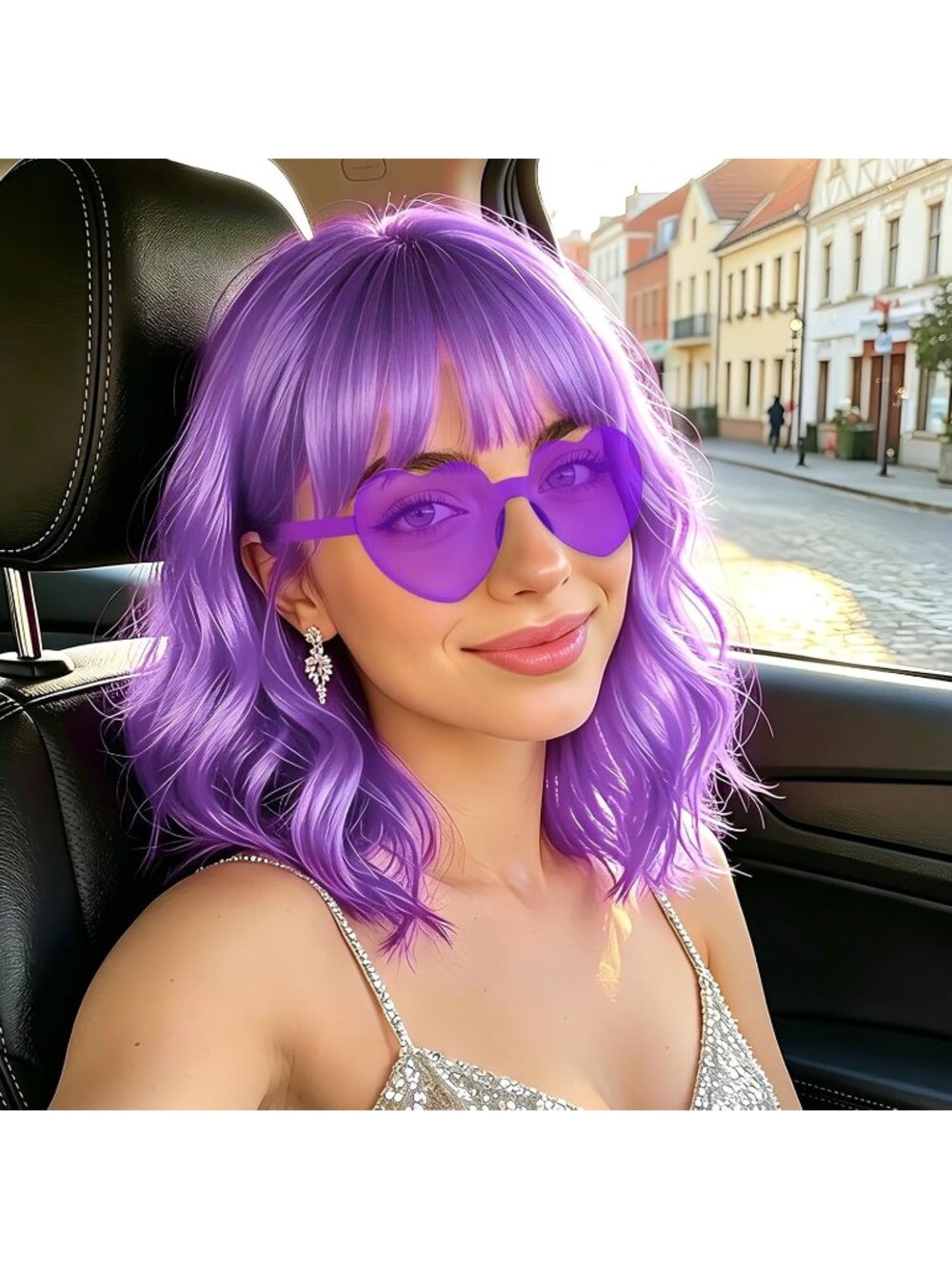 Women's Lovely Pink Curly Bob Synthetic Wigs Bangs With Neon Heart Sunglasses